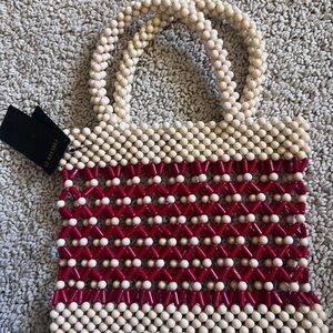 Forever 21 Cream and Red Beaded Tote bag with Striped Design